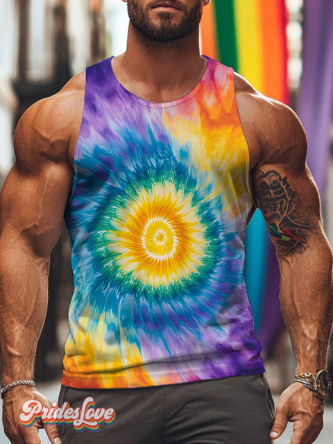 Sunflower Tie Dye Doodle Rainbow LGBTQ Gay Print Men’s Tank Top Multicolor / S