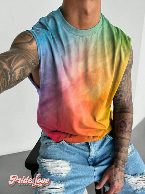 Tie Dye Gradient Smudge Rainbow LGBTQ Gay Print Men’s Wide Shoulder Vest Multicolor / S