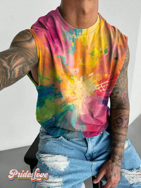Tie Dye Paint Splatter Rainbow LGBTQ Gay Print Men’s Wide Shoulder Vest Multicolor / S