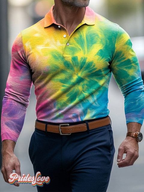 Tie Dye Rainbow Ink Spots LGBTQ Gay Men’s Art Print Buttons Long Sleeve Polo Colorful / S