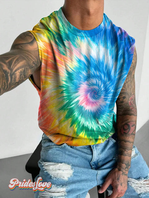 Tie Dye Smudge Rainbow LGBTQ Gay Print Men’s Wide Shoulder Vest Multicolor / S