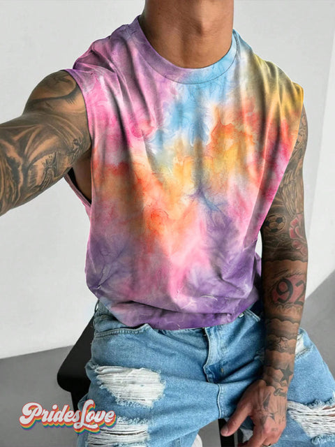 Tie Dye Smudge Rainbow LGBTQ + Gay Print Men’s Wide Shoulder Vest Multicolor / S