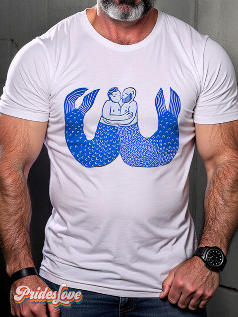 Two Mermen two men embracing and in love Rainbow LGBTQ Gay Print T-shirt Multicolor / S