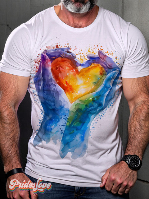 Watercolor Heart Art Love Rainbow LGBTQ Gay Print T-shirt Multicolor / S