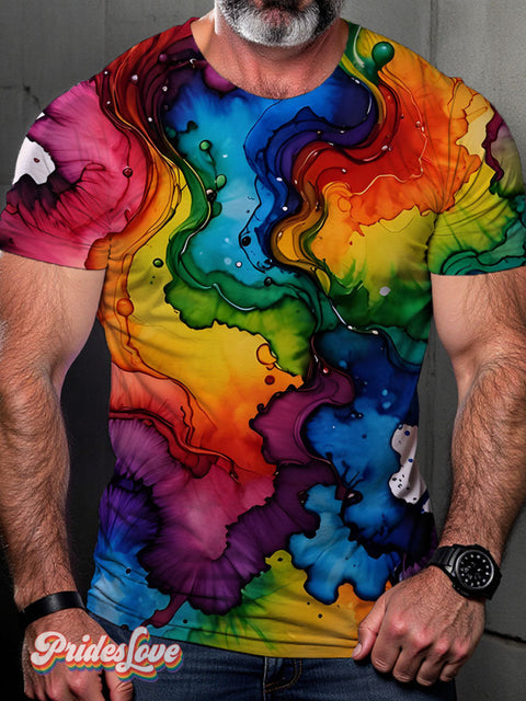 Wavy Paint Splatter Ink Spots Rainbow Lgbt Gay Art Print T-Shirt Multicolor / S