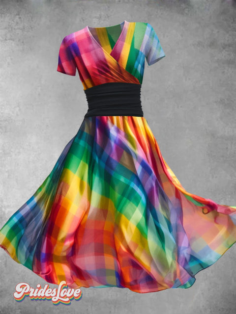 Women’s Rainbow Plaid Art Design Maxi Dress Color / S
