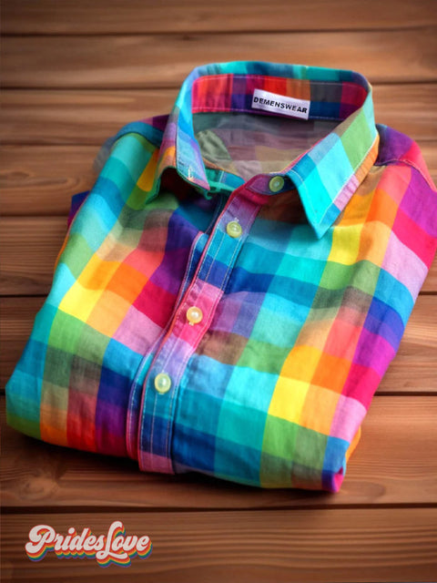 Women’s Rainbow Plaid Printed Casual Shirt Short Sleeve / S