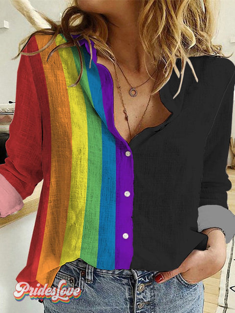 Women’s Rainbow Stitching Printed Casual Shirt black / S